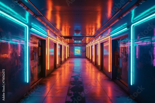 An otherworldly corridor with neon lights stretching into the distance. Generative AI