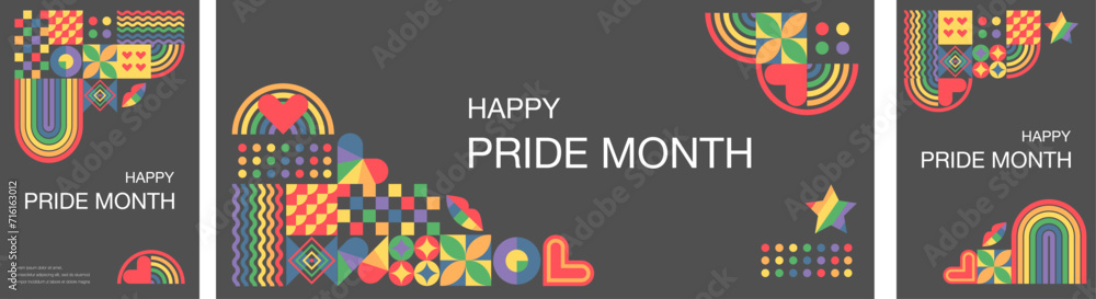 Set of templates with rainbow colors of pride month.June. Geometric templates. LGBT Pride Month. Templates for background, banner, postcard, poster. Vector illustration - obrazy, fototapety, plakaty 