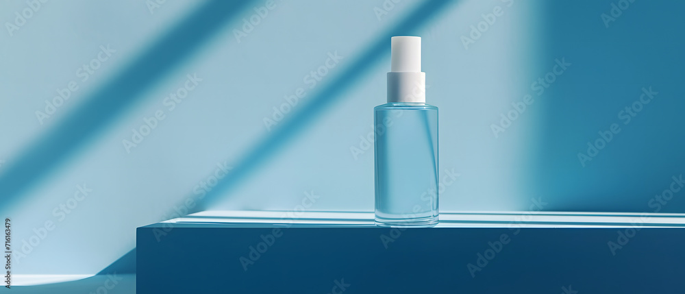 Blue Bottle With White Cap on Table. Podium background for product mockup Blue Bottle With White Cap on Table. Podium background for product mockup