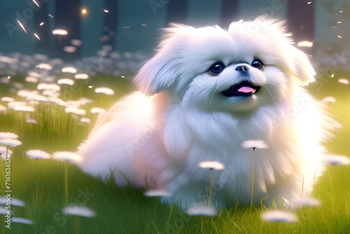 White pekingese dog on bright lawn. Generative AI photo