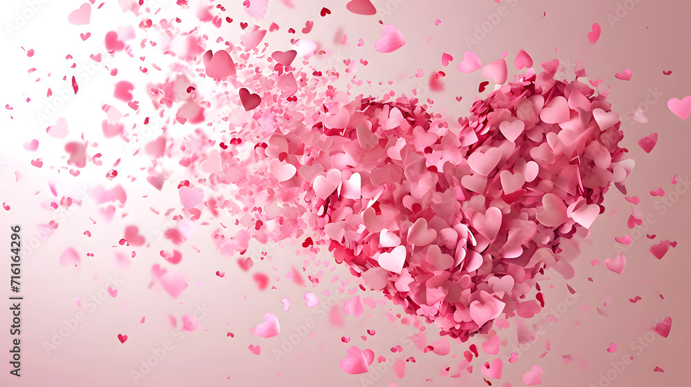 Heart shape with pink confetti splash on background.