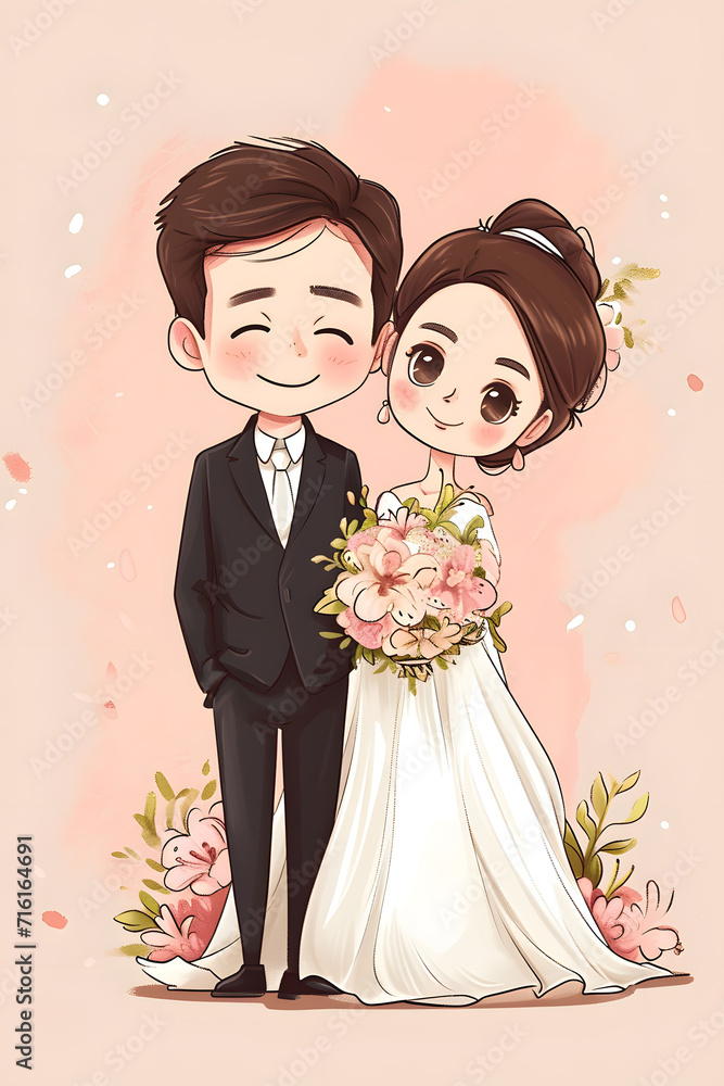 Bride and groom cartoon on wedding day. Bride and groom cartoon on wedding day.