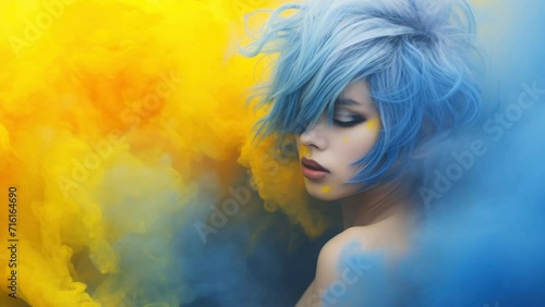Short haired girl covered with smoke bombs in yellow and blue, loop video photo