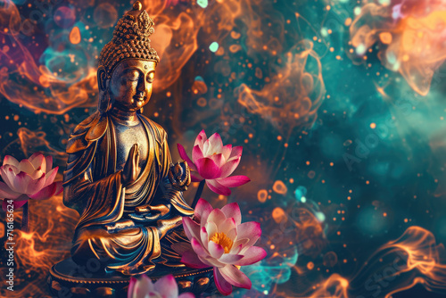 glowing golden buddha with abstract colorful universe background decorated with a big lotus photo