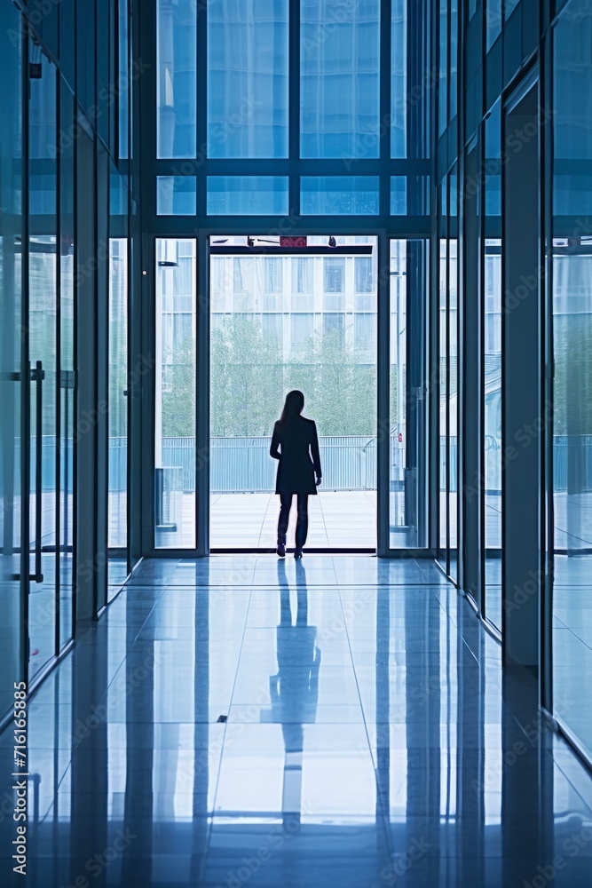 Businesswoman walking through the glass doors of a contemporary office building, Generative AI