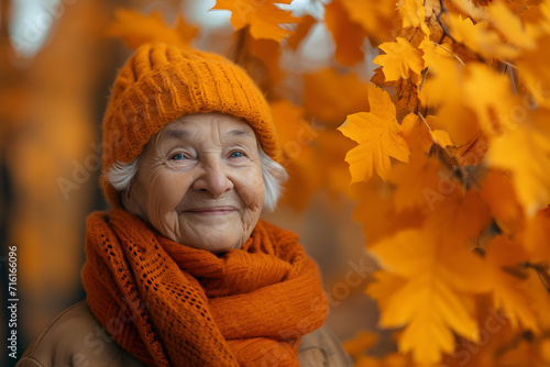 Senior woman enjoying autumn nature, promoting safety and wellness for older adults