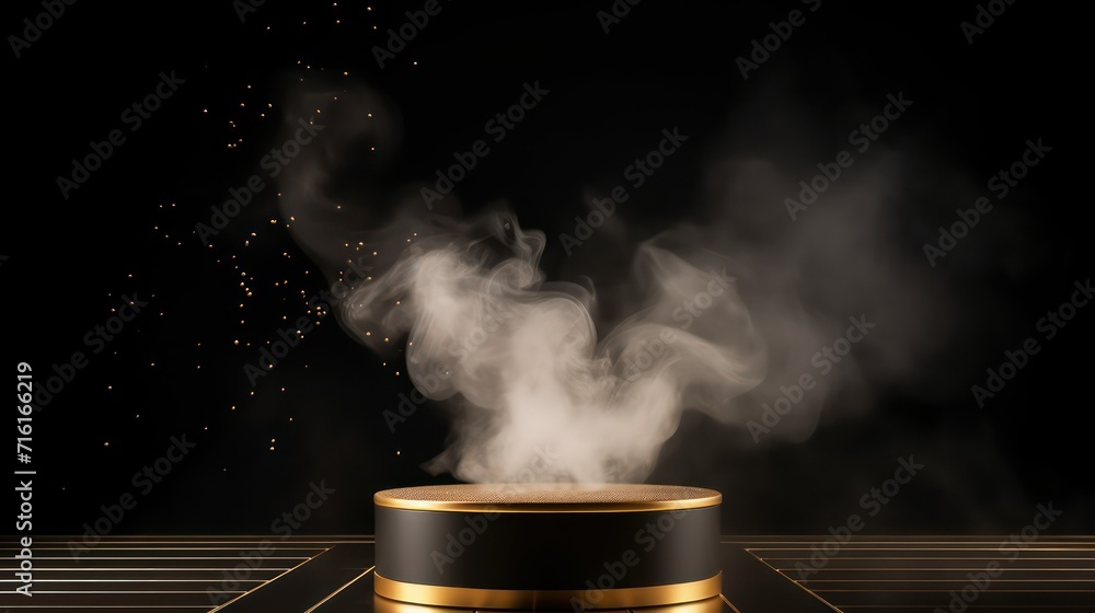 Gold pedestal podium with smoke on a black background