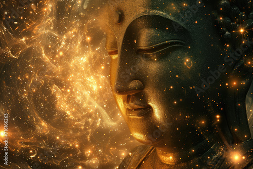 glowing golden buddha with abstract universe background