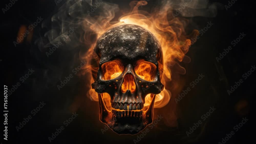 The skull burns in the fire and glows with billowing smoke, a seamless loop video background The skull burns in the fire and glows with billowing smoke, a seamless loop video background