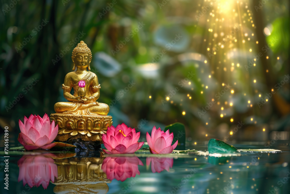 golden crystal buddha decorated with pink glowing lotuses, jungle nature background