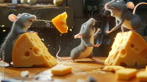 Cartoon scene of a group of mischievous mice plotting their cheese heist in the dead of night. One mouse uses a toothpick as a lock pick while another balances precariousl photo