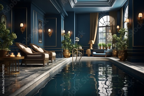 Luxury Indoor Swimming Pool, on an isolated Deep Navy background, Generative AI
