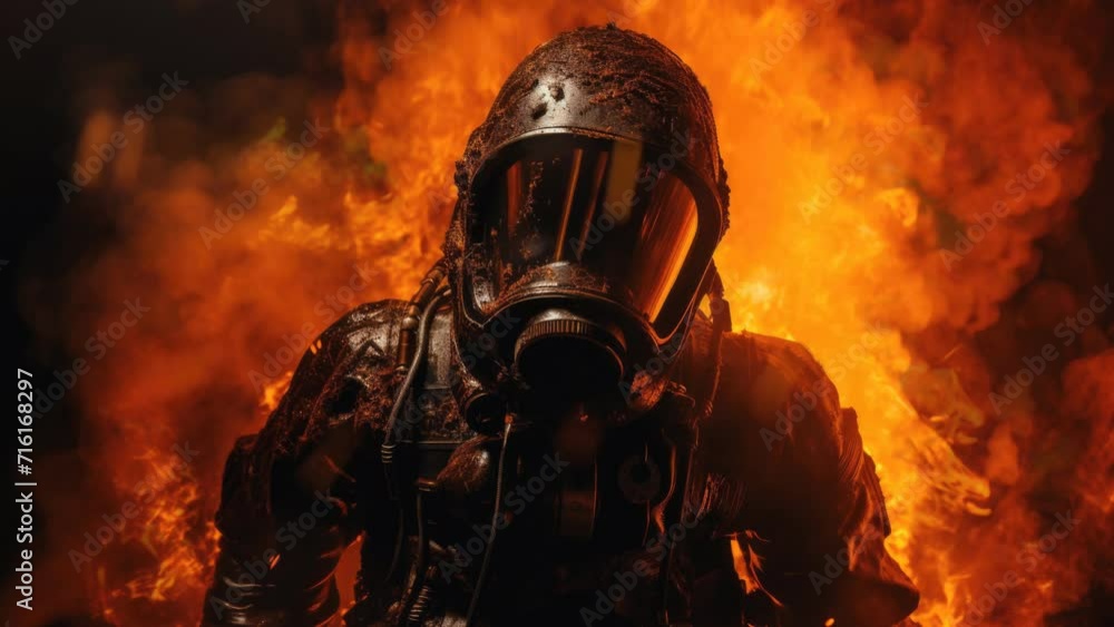 Silhouette of a man in a protective hazmat suit against a background of burning fire and billowing smoke, loop video Silhouette of a man in a protective hazmat suit against a background of burning fire and billowing smoke, loop video