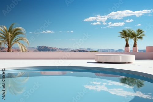 Modern Outdoor Pool, on an isolated Azure Blue background, Generative AI