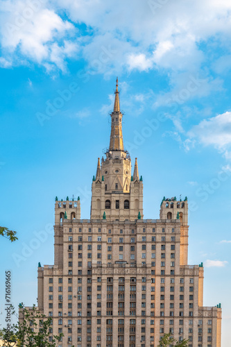 The view on the residential Stalinist high-rise building on Kudrinskaya Square. It is the one of seven Stalinist skyscrapers built in 1947-1954.