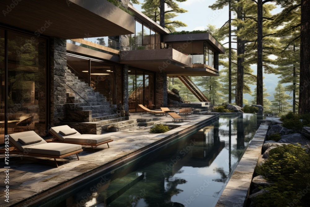 Mountain Retreat Pool, on an isolated Forest Green background, Generative AI