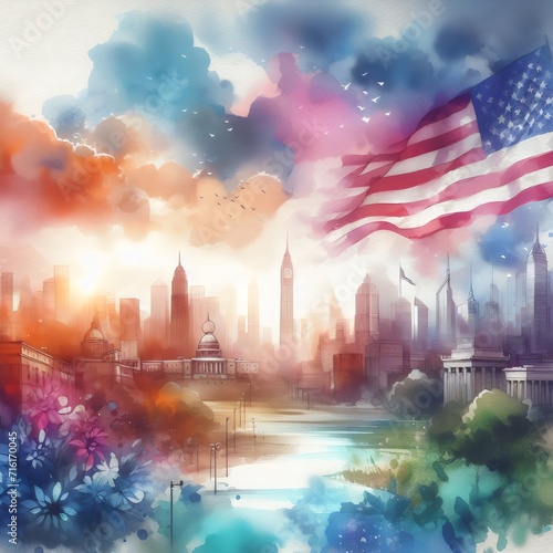 New York skyline with USA flag and flowers. National freedom day. Watercolor illustration. Nation, american flag and memorial day concept.