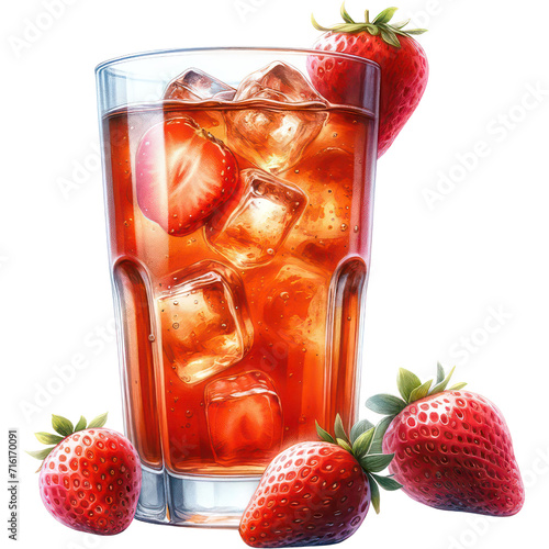 Strawberry Iced Tea, A hyper-realistic watercolor style image of a strawberry iced tea in a tall glass, PNG Clipart, High Quality Transparent Backgrounds