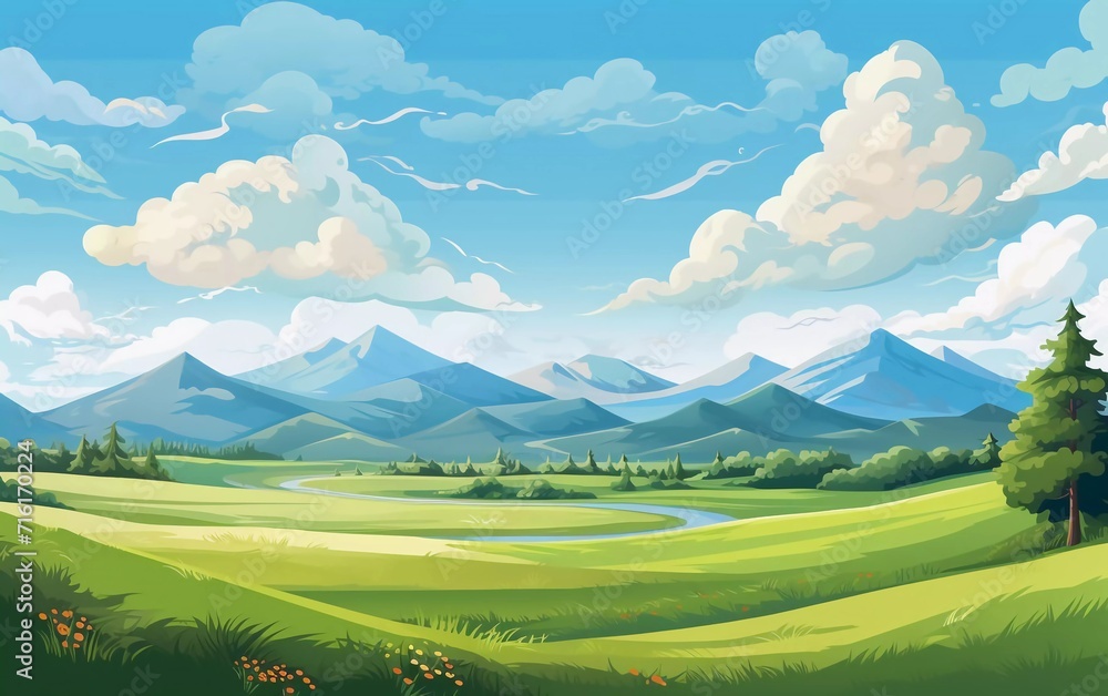 Vector view of beautiful mountain and field landscape