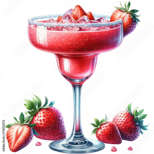 Strawberry Margarita, A hyper-realistic watercolor style image of a strawberry margarita in a classic margarita glass, PNG Clipart, High Quality Transparent Backgrounds