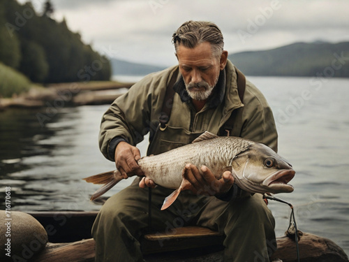 fisherman man catching a huge fish