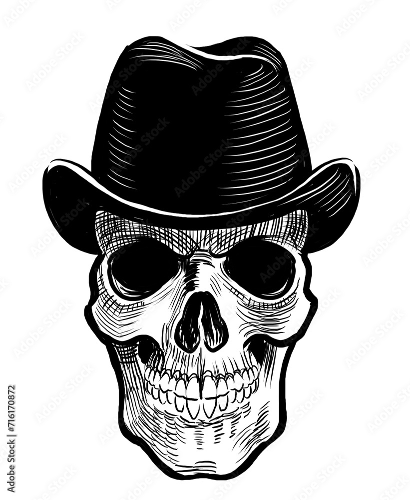 Human skull in hat. Hand-drawn retro styled black and white illustration