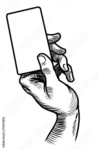 Hand with playing card. Hand-drawn retro styled black and white illustration