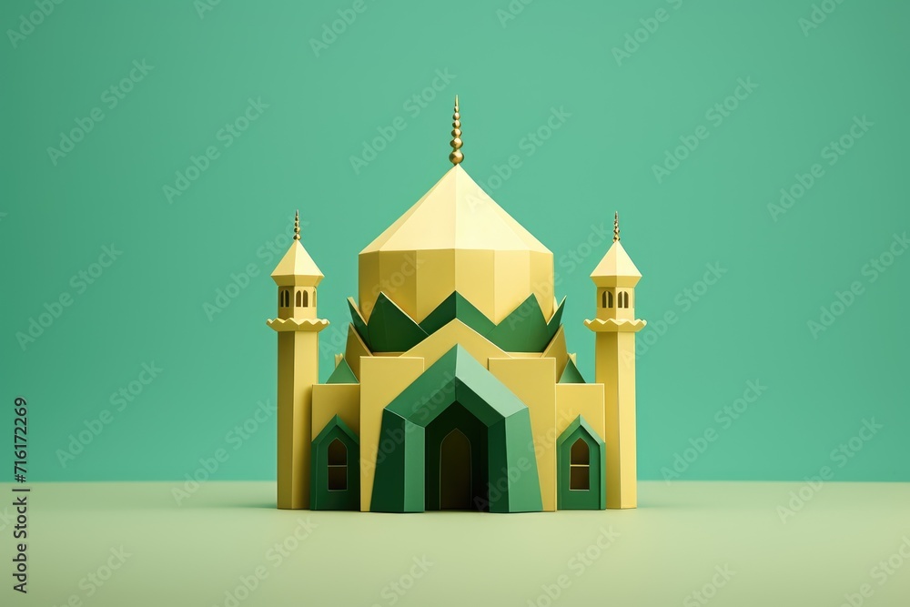 Origami Mosque on green background. Paper cut concept. Eid Mubarak, Ramadan Kareem concept