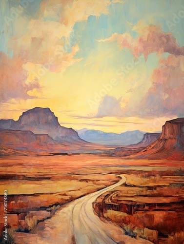 Nostalgic Route 66 Landscapes: Vintage Painting of Old-time Highway and Retro Roadtrip Art
