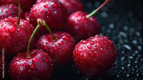 Photograph of bright red cherries adorned with water droplets, exuding a refreshing look with a minimal composition and ample copy space