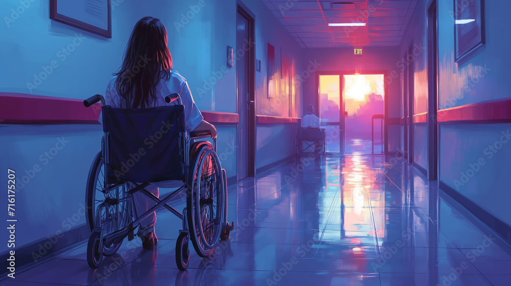 Obraz premium Rear view of a solitary patient in a wheelchair navigating through the corridor of a hospital, depicting healthcare accessibility.