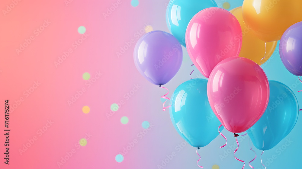 A vibrant and whimsical party supply, a colorful aircraft of heart-shaped balloons soaring against a soft pink backdrop