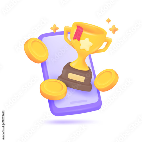 3D Trophy. Gold trophy with stars for congratulating winners in sports competitions. 3D Vector Illustration.