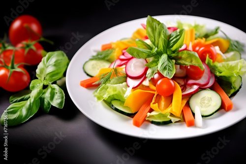 Fresh and colorful mixed salad with variety of vegetables served in white plate