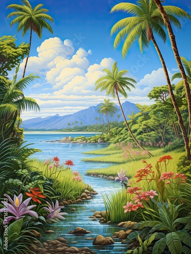 Pastoral Countryside Meadows Island Artwork  Meadow on Island  Tropical Beach Scene