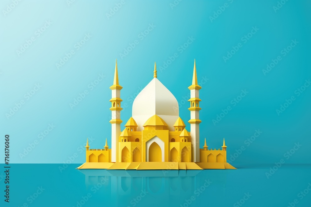 Yellow Origami Mosque on blue background. Paper cut style. Ramadan Kareem concept Yellow Origami Mosque on blue background. Paper cut style. Ramadan Kareem concept