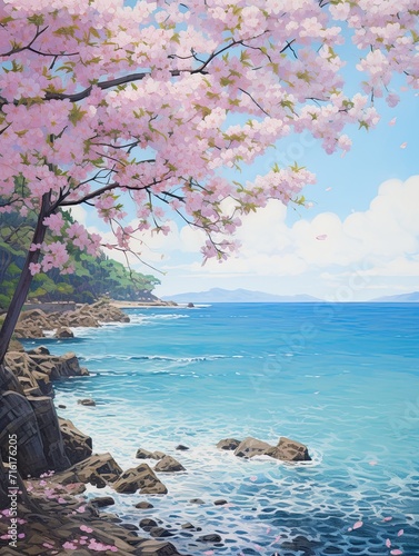 Picturesque Coastal Bloom: Cherry Blossoms Beach Scene, Ocean Wall Art