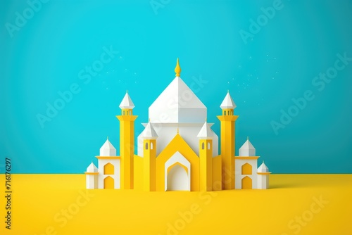 Yellow Origami Mosque on blue background. Paper cut style. Ramadan Kareem concept