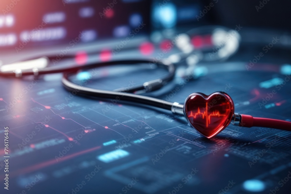 Stethoscope and Heart on a Background of Technology, Music, and Health Equipment Stethoscope and Heart on a Background of Technology, Music, and Health Equipment