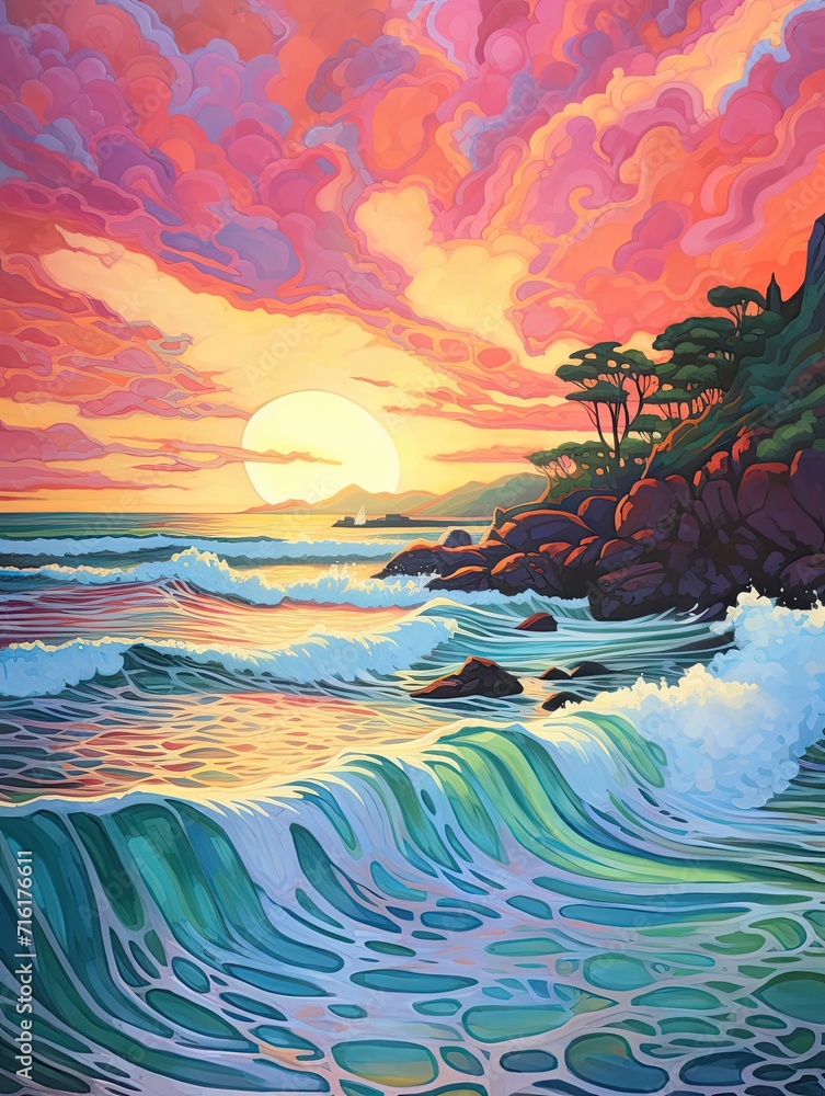 Radiant Hawaiian Sunsets: Abstract Landscape of Sunlit Waves in Contemporary Style