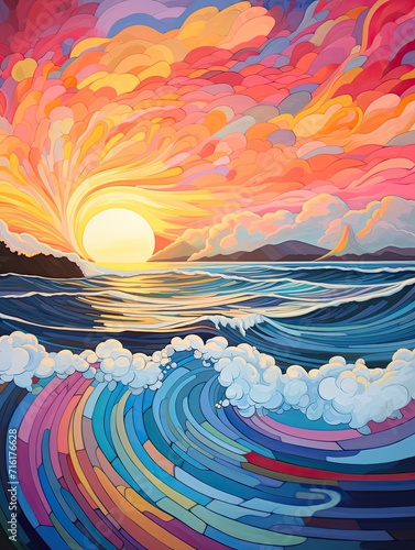 Radiant Hawaiian Sunsets: Abstract Landscape with Sunlit Waves & Contemporary Vision
