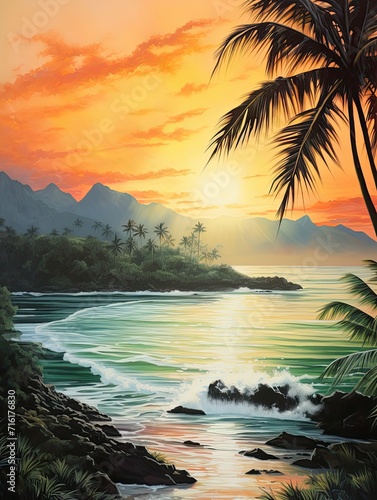 Radiant Hawaiian Sunsets Morning Mist Painting: Pre-sunset Dawn on Island Mornings