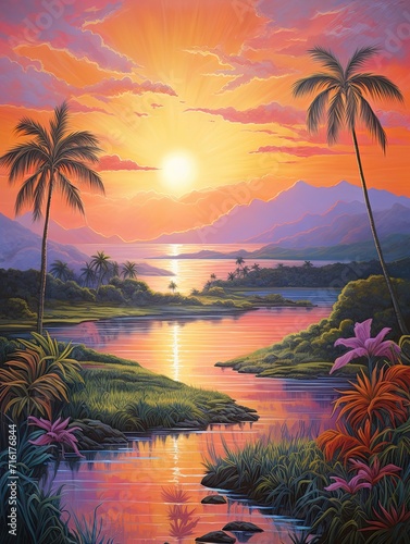 Radiant Hawaiian Sunsets, Pastel Landscape: Gentle Sunset Tones in Modern Art