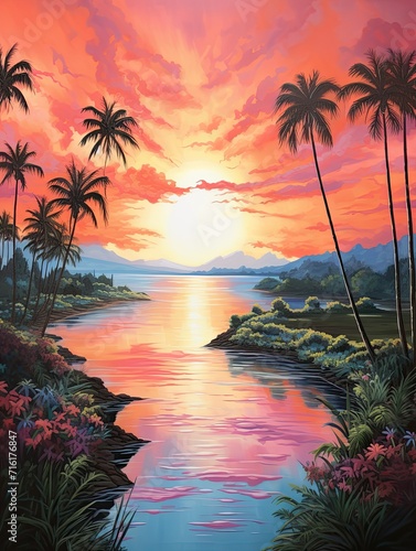 Radiant Hawaiian Sunsets: Pastel Landscape, Gentle Sunset Tones, Modern Art