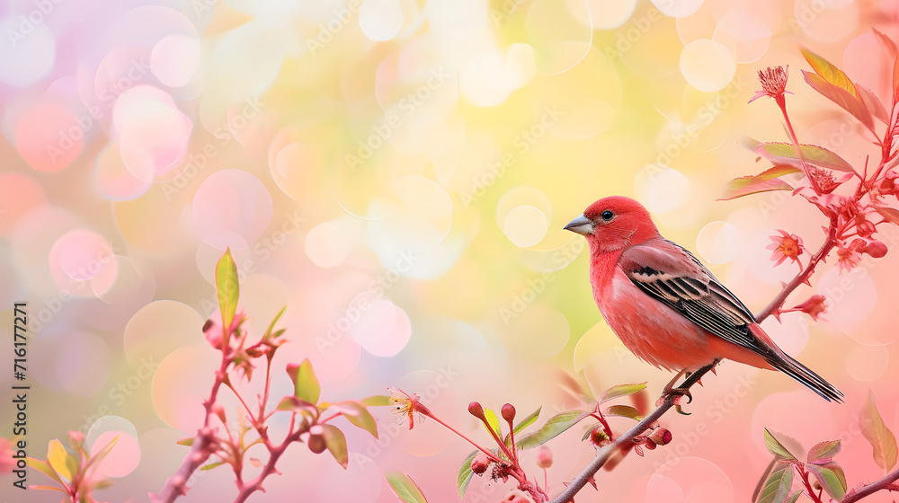 A vibrant red oscine bird perches gracefully on a branch, blending beautifully into its outdoor surroundings