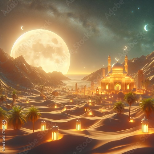 Ramadan Kareem's background with mosque and palm trees in desert. 3d render. ramadan kareem, eid mubarak, muslim and eid fitr concept.