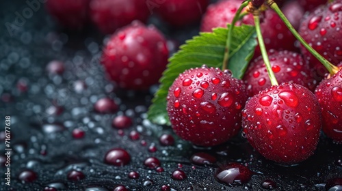 Photograph of bright red cherries adorned with water droplets, exuding a refreshing look with a minimal composition and ample copy space