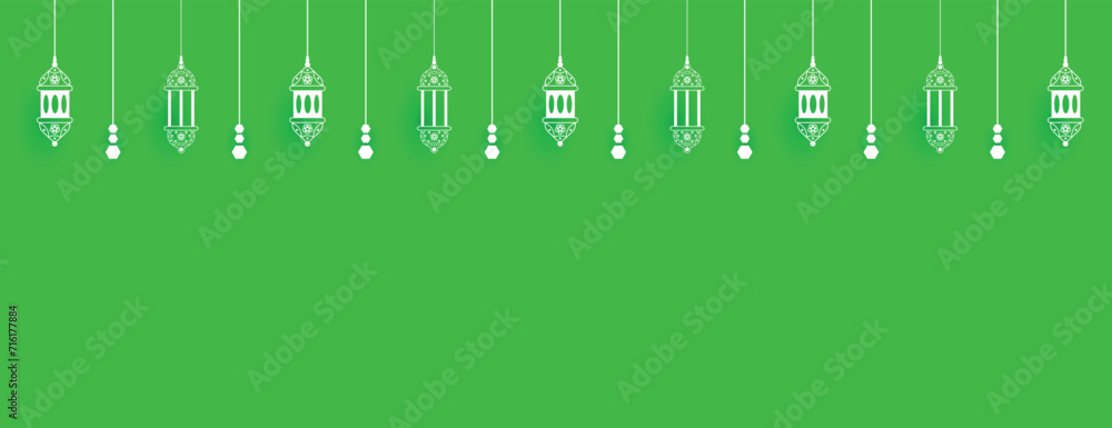 Ramadan Kareem wishes or greeting banner green color background eid, al, fitr, banner design with lamp, lantern, social media wishing, sale, offer, advertisement, design vector illustration
