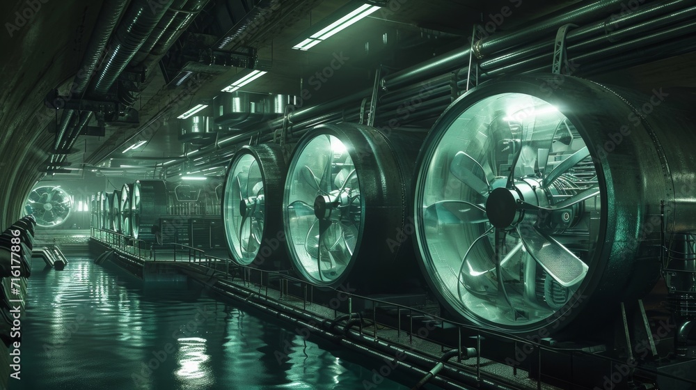 An underwater shot of a submarines engine room with the cooling flow visible as large fans work to circulate air and prevent overheating in the confined space An underwater shot of a submarines engine room with the cooling flow visible as large fans work to circulate air and prevent overheating in the confined space