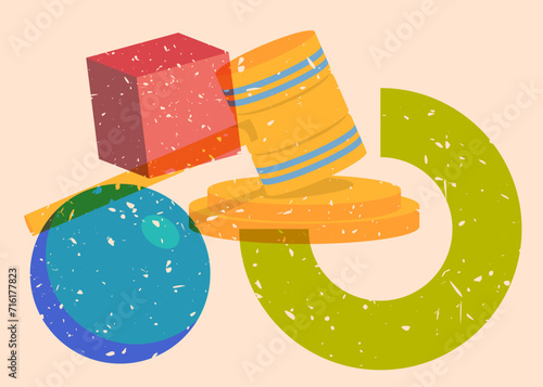 Risograph Gavel with geometric shapes. Objects in trendy riso graph print texture style design with geometry elements.